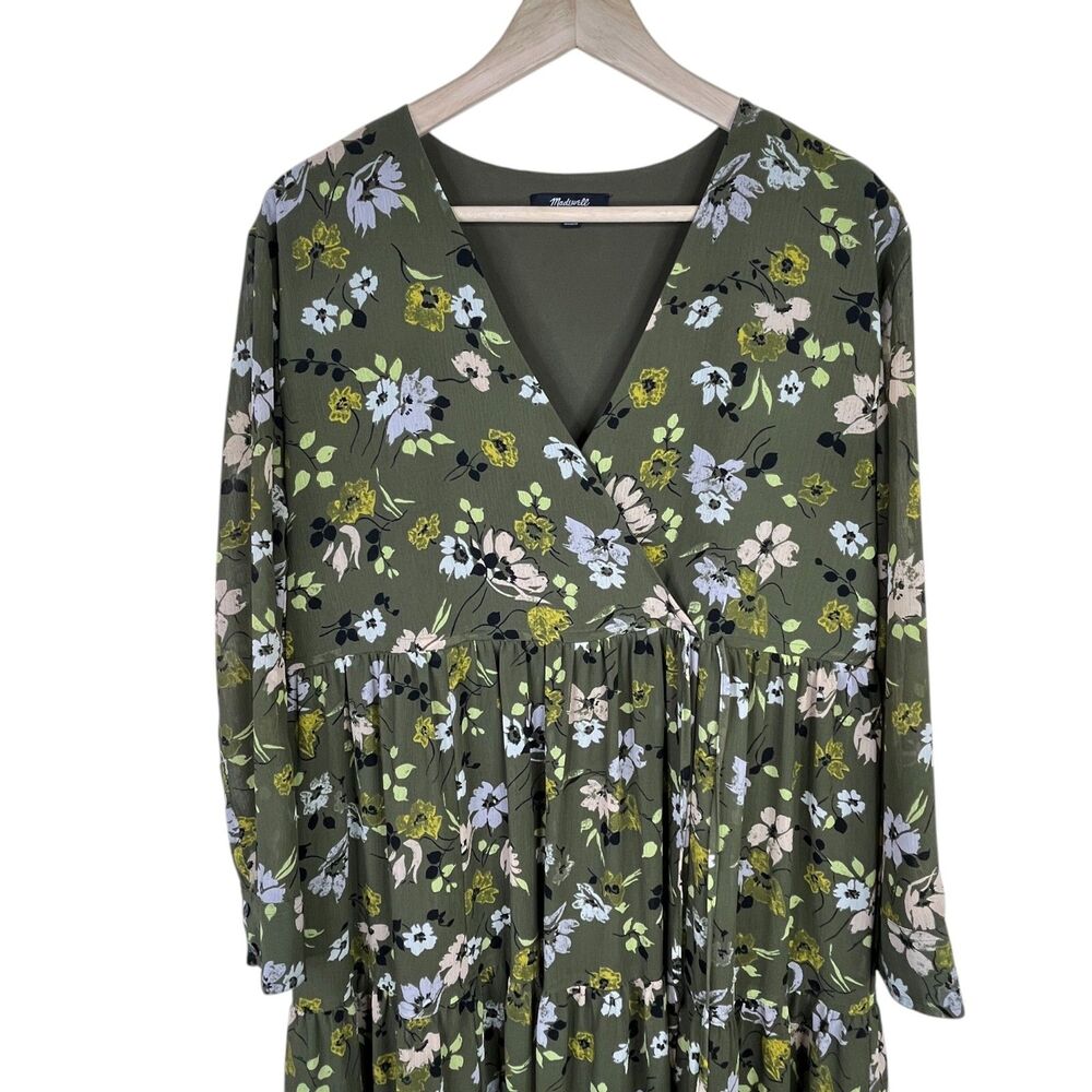 Madewell Floral Cinch-Waist Tiered Midi Dress Sz M Olive Green Wildblooms - Picture 4 of 12